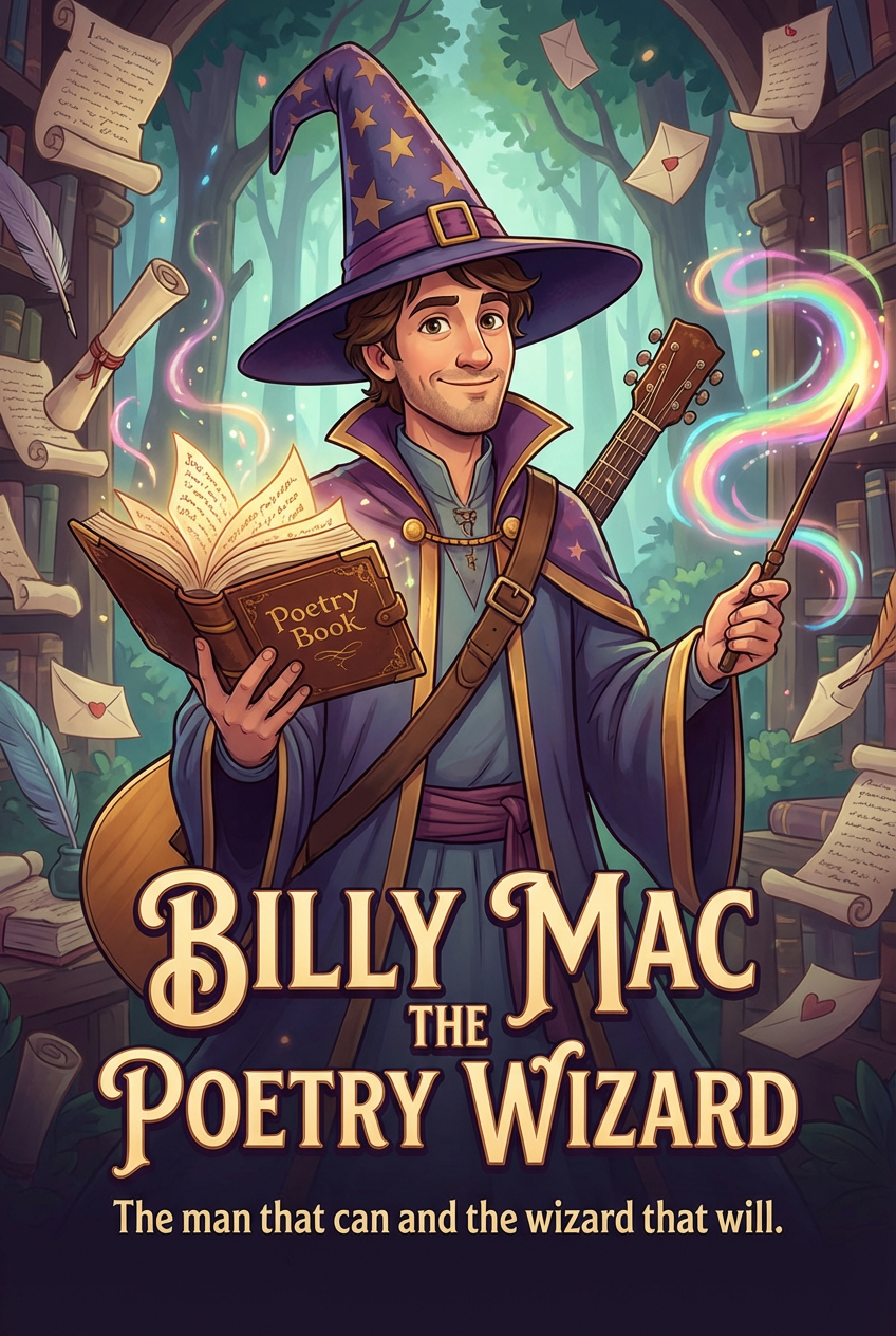 Illustration of Billy Mac, a wizard, in a magical forest holding a poetry book in one hand and a magic wand in the other. He is dressed in a wizard's robe and hat decorated with stars, with books and letters floating around him. The scene has a fantasy and whimsical theme, with glowing magical effects and a background of trees.