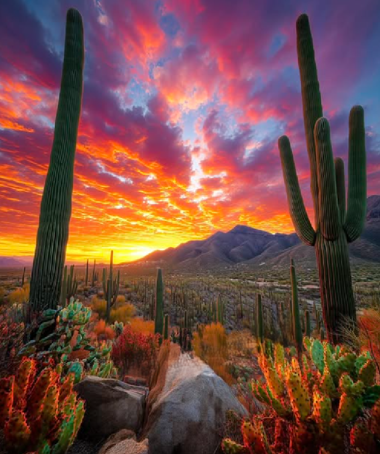 Desert landscape with tall saguaro cacti and other desert plants during a vibrant sunset with colorful clouds in the sky.