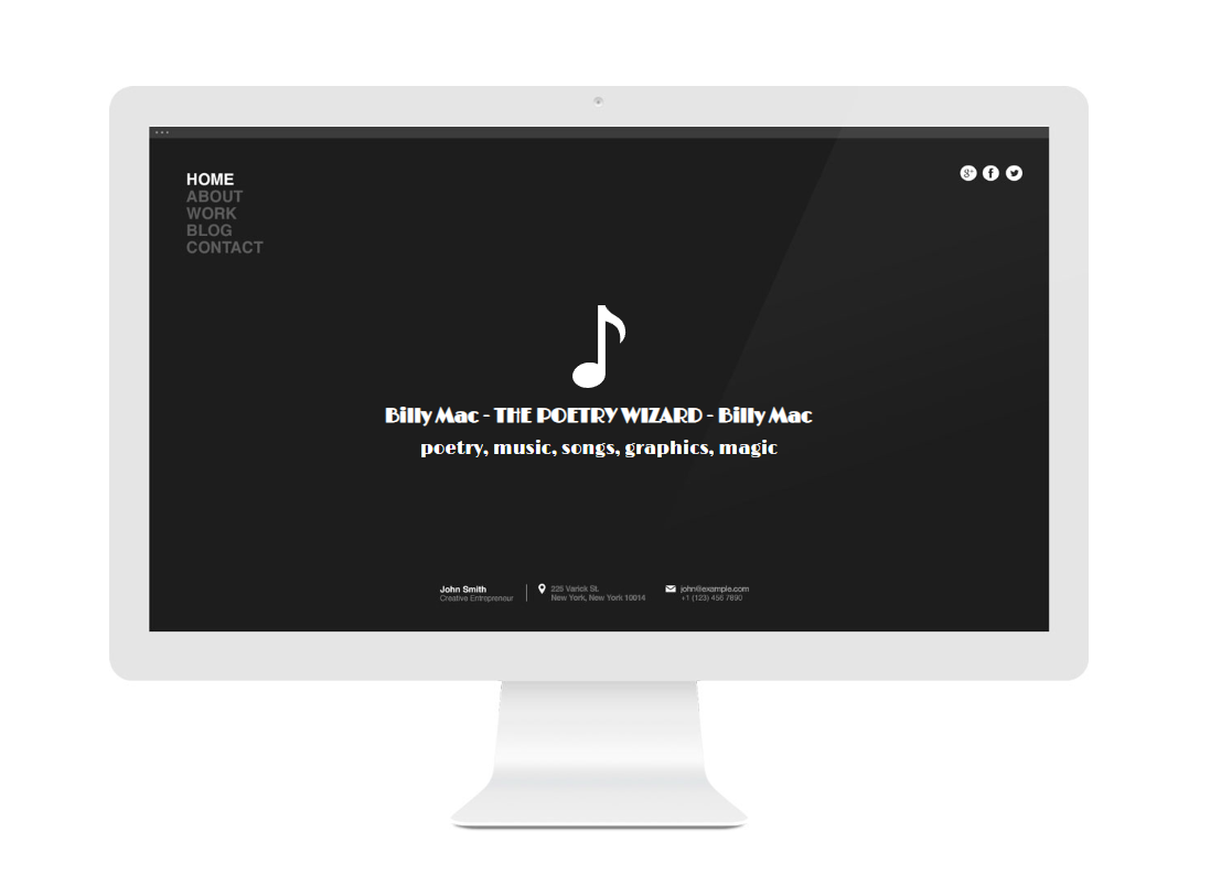Computer monitor displaying a dark-themed webpage for Billy Mac, a poet and musician, with a music note icon in the center, navigation menu on the top left, and contact information at the bottom.