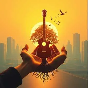 A hand holding a tree and a guitar, with a city skyline in the background and a sunset sky.