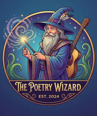 A wizard with a long white beard dressed in a blue robe and hat, holding a staff with a glowing wand emitting words like poetry, wizard, and animation. He has a guitar on his back and stands within a circular frame with the text "The Poetry Wizard ES