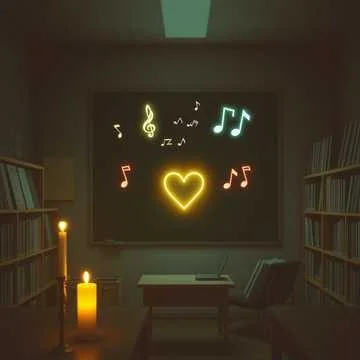A dark room with bookshelves, a table with a glass of water, and candles. On the wall, neon lights form music notes, a heart, and a musical staff.