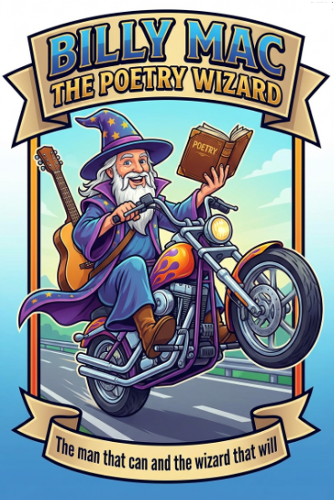 Illustration of Billy Mac, the poetry wizard, riding a motorcycle while holding a poetry book. He wears a wizard's hat decorated with stars, a long purple cloak, and glasses. The background shows a road and blue sky. The text reads 'Billy Mac The Poetry Wizard' and 'The man that can and the wizard that will.'