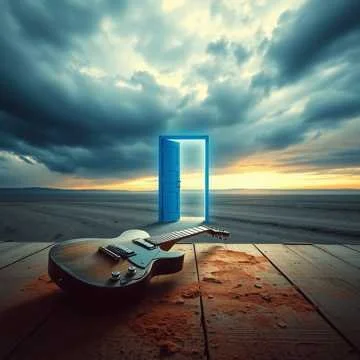 An outdoor scene at sunset with a guitar and an open door on a wooden deck, leading to a beach and a dramatic cloudy sky.