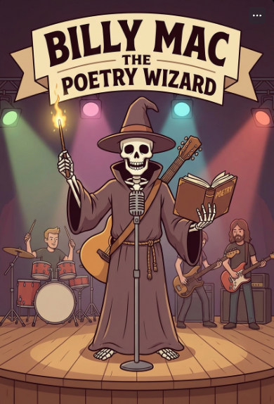 Cartoon skeleton dressed as wizard on stage with band, holding a torch and a poetry book, titled "Billy Mac: The Poetry Wizard"