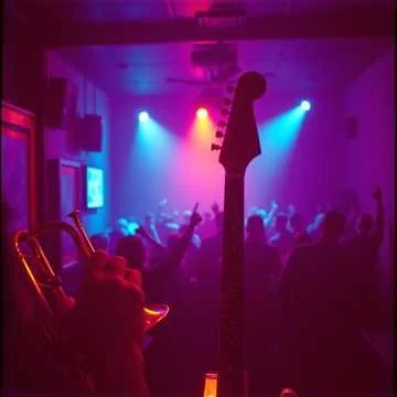 A scene from a concert or nightclub with vibrant purple and blue lighting, showing a crowd with raised hands and a stage with musical equipment, including a guitar in the foreground.