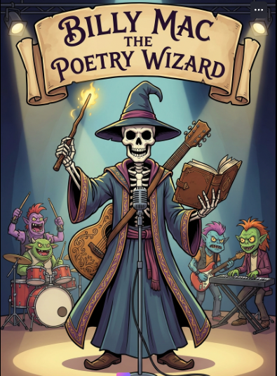 Illustration of Billy Mac, the Poetry Wizard, as a skeleton wizard with a wizard's hat, holding a magic wand and a book, with a guitar slung over shoulder, accompanied by four colorful goblin musicians playing drums, guitar, and keyboard.
