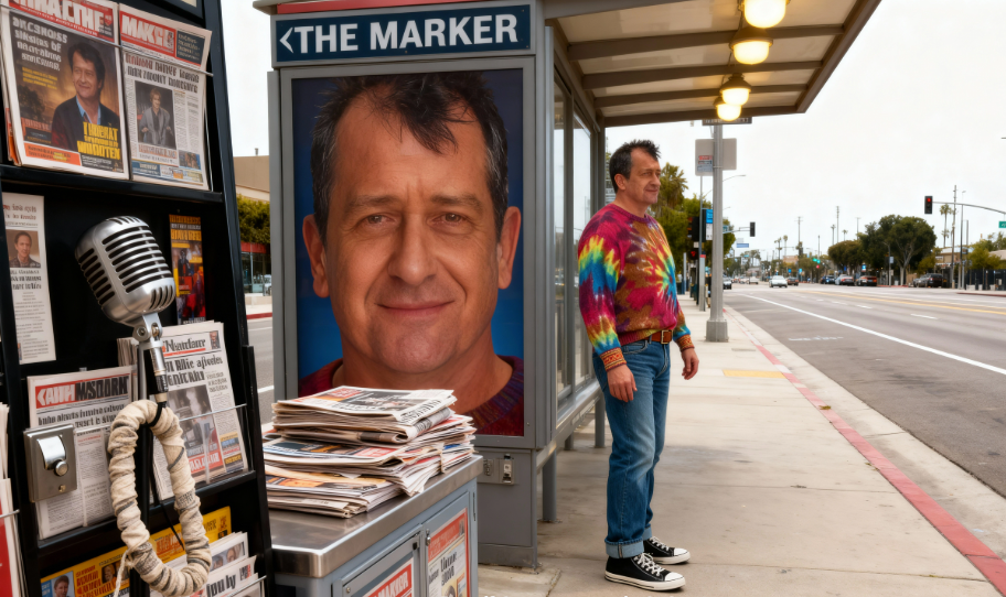 A man with a colorful tie-dye sweater waiting at a bus stop on a city street with a large face poster and newspapers nearby.