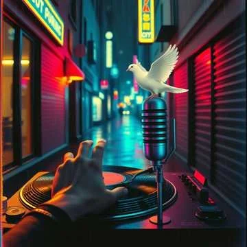 The Poetry Wizards white dove perched on a vintage microphone on a DJ turntable in a colorful, neon-lit alleyway.