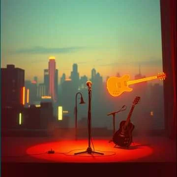 Stage setup with a microphone stand, an electric guitar hanging on the wall, and a second guitar on a stand, with a city skyline visible through a window in the background.