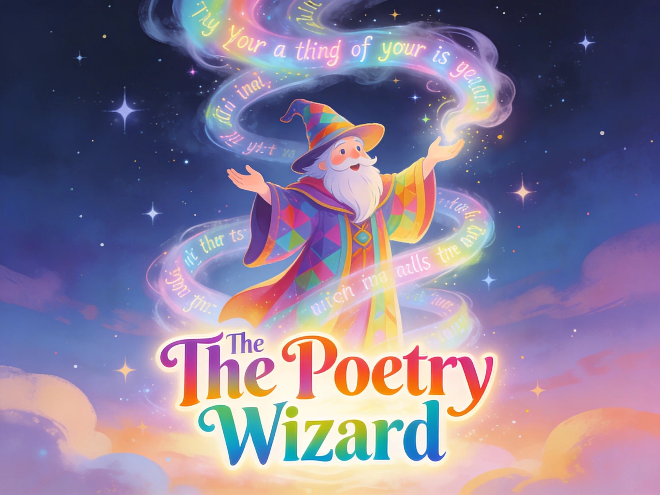 Colorful illustration of a wizard with a long white beard, wearing a multicolored robe and a pointy hat, casting a spell that creates glowing, swirling text in the sky. The text reads 'Try your a thing of your is yenm'. The scene includes stars and c