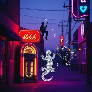 Night scene in a neon-lit urban area with a jack-in-the-box, a pixelated lizard character, a person playing a saxophone, and a floating music note.