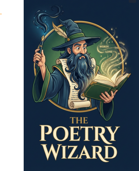 Illustration of a wizard with a long beard and a pointed hat, holding a lit wand in one hand and an open book in the other, surrounded by glowing words.