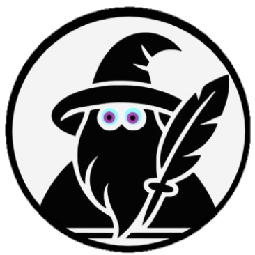 A black and white logo of a wizard with a hat, beard, and monocle, holding a feather quill inside a circular border.