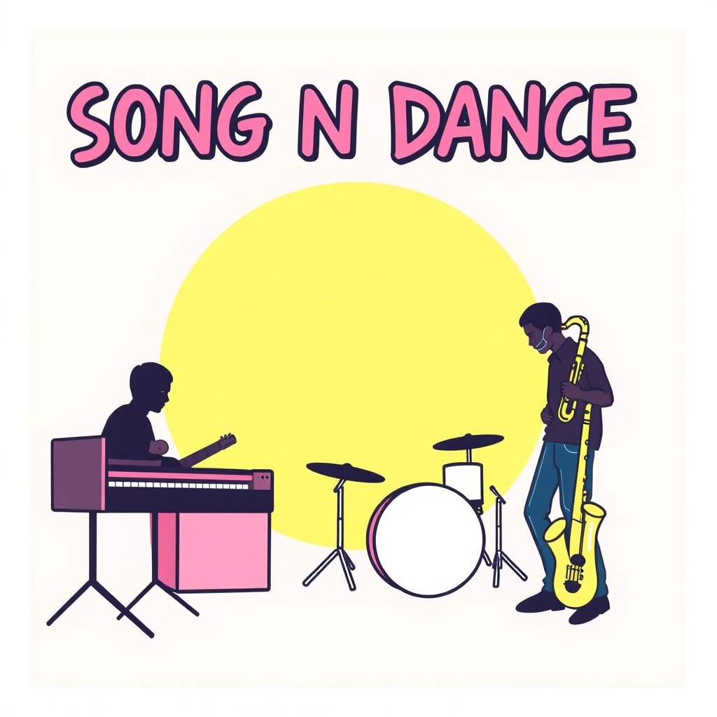 Illustration of two musicians playing instruments with a yellow sun in the background. One is playing keyboard, and the other is holding a saxophone. The text above reads "Song N Dance."