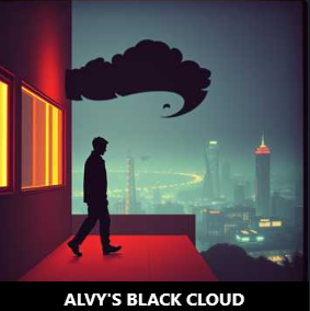 Man walking on a rooftop at night with a large black cloud floating above a city skyline.