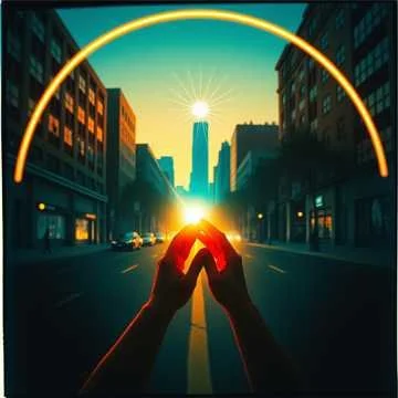 A person holding hands forming a heart shape in front of a city street at sunset, with the sun aligned at the heart's center and city buildings on either side.