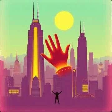 A city skyline at sunset with two tall skyscrapers and a giant red hand reaching for the sun. A person stands with arms raised in front of the buildings.