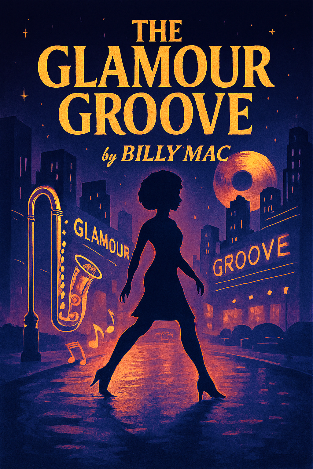 The cover of a book titled "The Glamour Groove" by Billy Mac. It features a silhouette of a woman in a dress and high heels standing in the middle of a city street at night, with glowing neon signs that say "Glamour" and "Groove". There are buildings