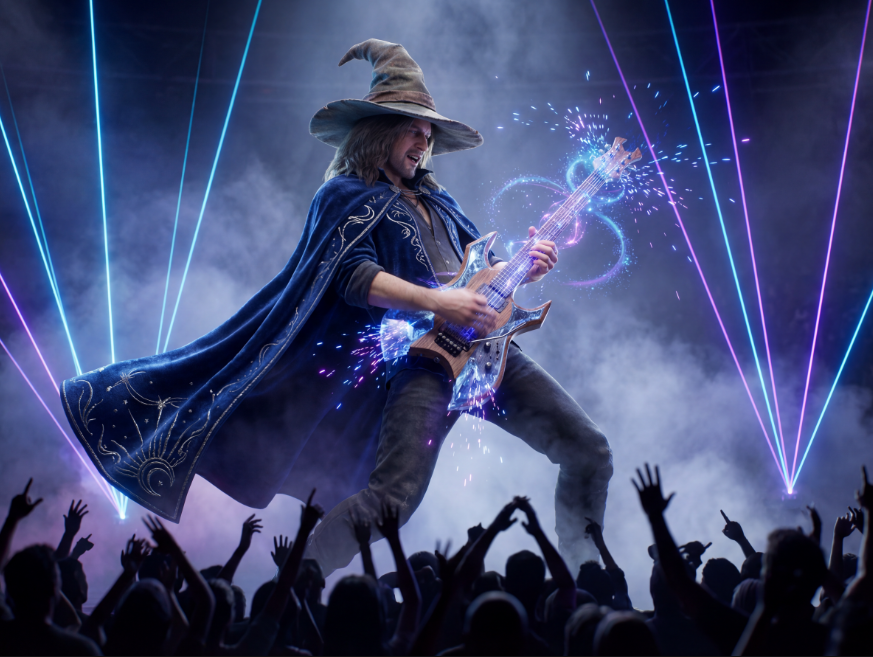 A performer dressed as a wizard playing an electric guitar on stage with colorful lasers and smoke, audience raising their hands.