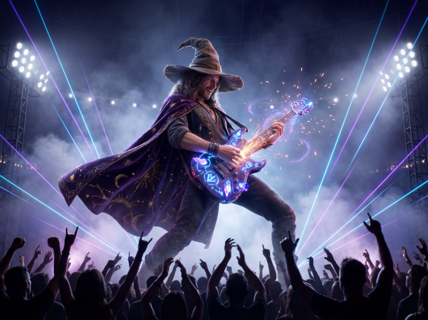 A performer dressed as a wizard with a hat and cape playing an electric guitar on stage during a concert, with laser lights and crowd in front.