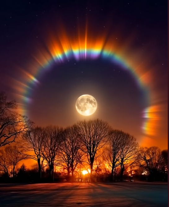 Night sky featuring a full moon encircled by a rainbow halo with silhouetted trees in the foreground and a glowing orange horizon.