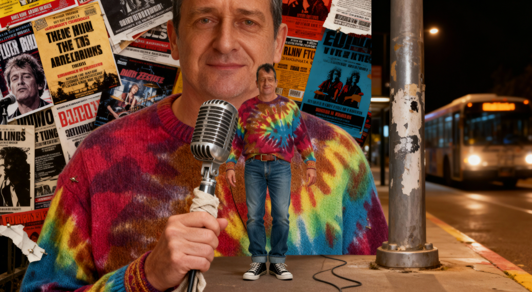 A digitally manipulated image of a bus stop at night with a man standing on it, wearing a tie-dye sweater, in front of a large cutout of a man with a similar sweater holding a vintage microphone. The background features posters and a moving bus.