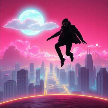 Silhouette of a person floating above a city skyline at night with a bright full moon and pink sky.