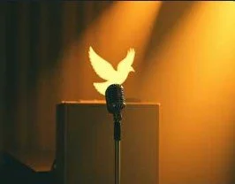 A microphone on a stand in front of a closed book, with a dove symbol emerging from the microphone, against a warm, blurred background.