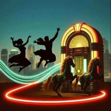 Two silhouette figures jumping in the air, two carousel horses with flowing manes and tails, and a brightly lit building with an arched entrance and curved neon lights, set against a city skyline at dusk.