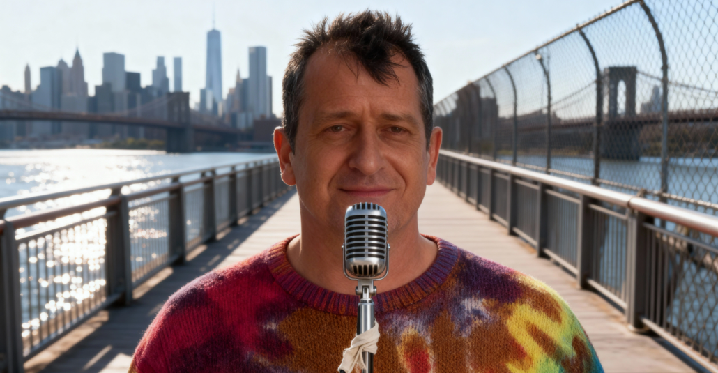 Man standing on a bridge with a city skyline in the background, speaking into a vintage microphone.