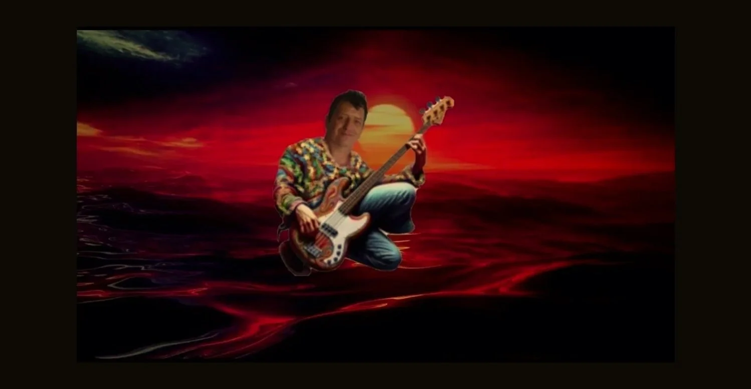 Person holding a bass guitar, floating on a surreal water scene with a sunset background.