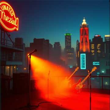 A city skyline at dusk with a red and orange concert sign, and a stage with a glowing orange spotlight and a floating electric guitar.