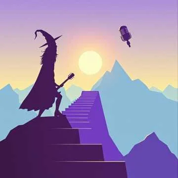 Silhouette of a wizard with a staff and guitar standing on stairs, with mountains, a sunset, and a flying microphone in the background.