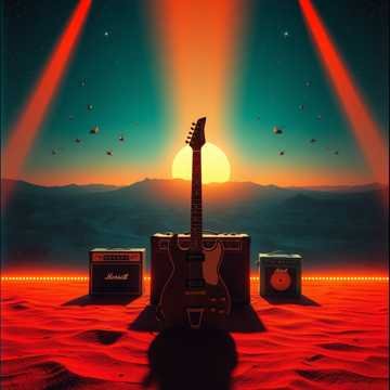 Guitar and amplifier on stage with a sunset and aurora borealis in the background.