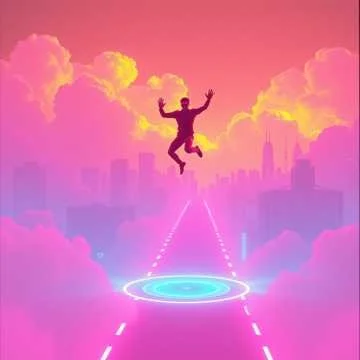 A person jumping with arms raised on a pink futuristic platform, with a colorful sky and cityscape in the background.
