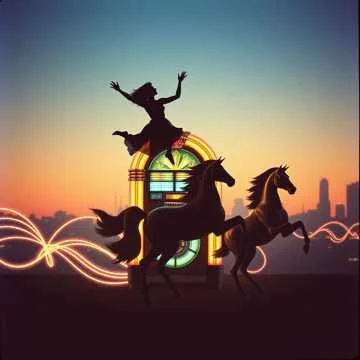 Silhouette of a person jumping on a horse with neon lights and a colorful sunset in the background.