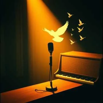 A microphone on a stand, a piano, and a group of paper cutout birds flying across a dark background illuminated by a warm spotlight.