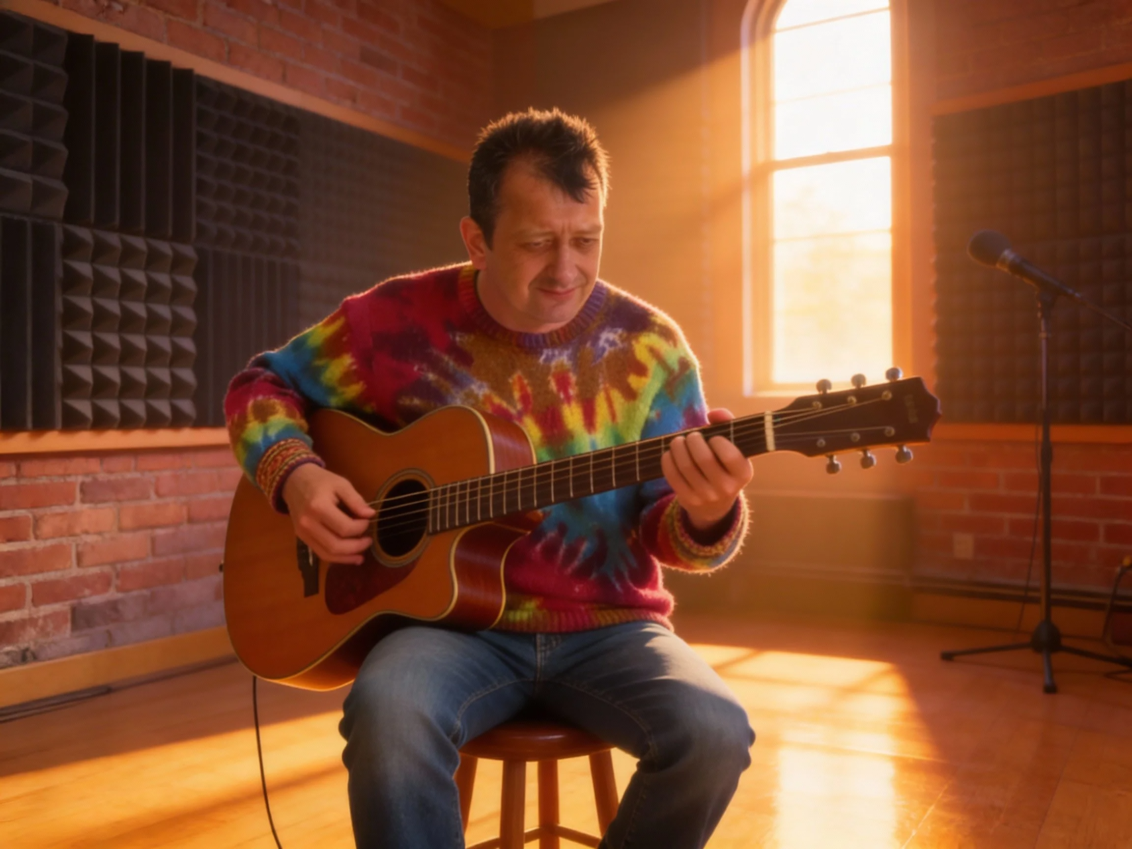 Man in a colorful tie-dye sweater playing an acoustic guitar in a recording studio with brick walls and soundproofing foam.