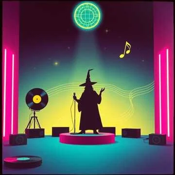 Cartoon wizard on stage with a microphone, surrounded by speakers, with a disco ball, music note, and colorful lights.