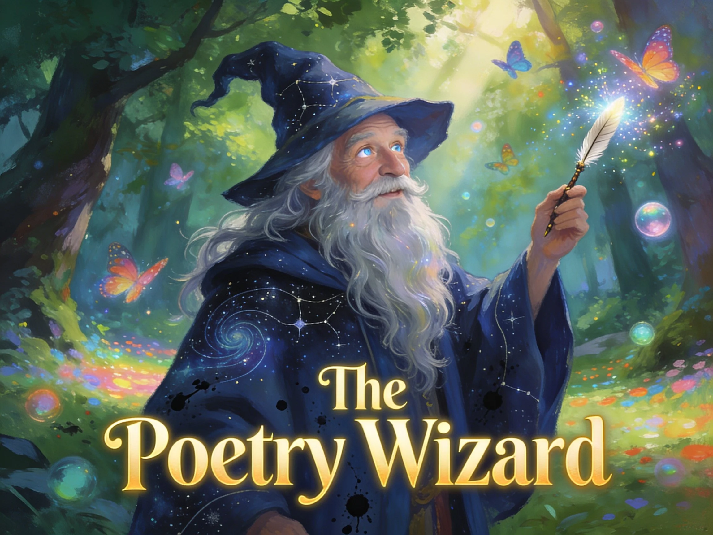 A wizard in a starry cloak and hat, holding a quill emitting light, surrounded by butterflies and glowing orbs in a lush forest, with the title 'The Poetry Wizard' at the bottom.
