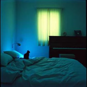 A bedroom is dimly lit with green light coming through a window. A black cat is sitting on a disheveled bed with white sheets. A piano is against the wall near the window.