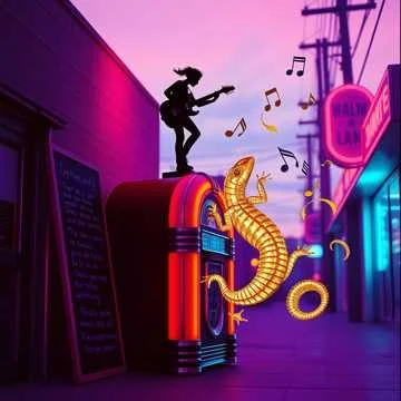 A silhouette of a person playing guitar on top of a vintage jukebox outside at sunset, with a cartoon worm emerging from the jukebox and musical notes floating around, on a colorful city street with signs and power lines.