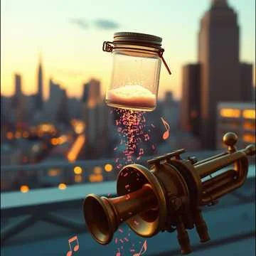 A glass jar with a metal lid suspended above a telescope on a rooftop, with city buildings in the background during sunset.