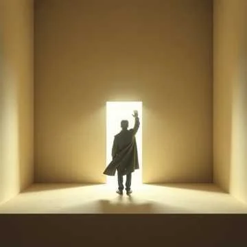 Silhouette of a person dressed in a coat, standing inside a large box-like structure, reaching out to a bright open doorway with their hand.