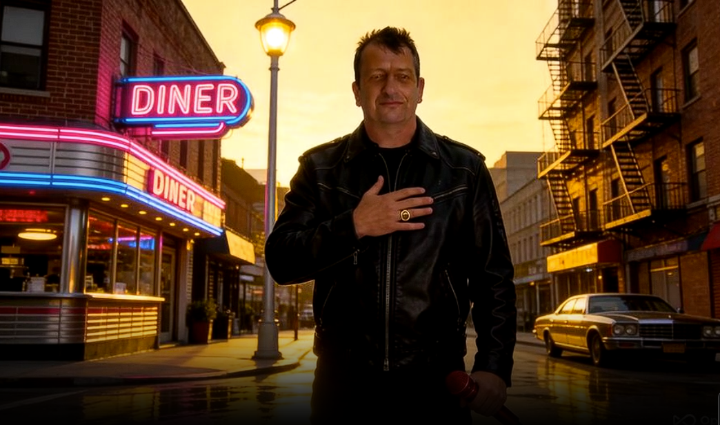 A man wearing a leather jacket stands on a city street at sunset in front of a neon-lit diner, with one hand over his heart and holding a microphone in the other.
