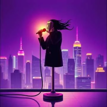 Silhouette of a singer with long hair holding a microphone on a stage with a city skyline at night in purple and yellow lighting.