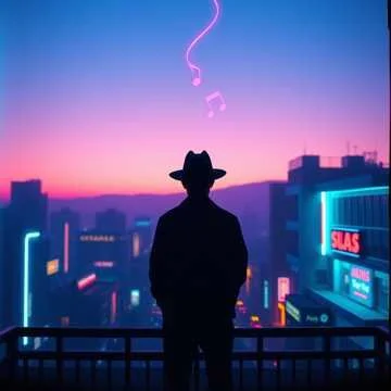 Silhouette of a person wearing a cowboy hat standing on a balcony overlooking a cityscape with neon lights at dusk, with musical notes and a pink neon squiggly line in the sky.