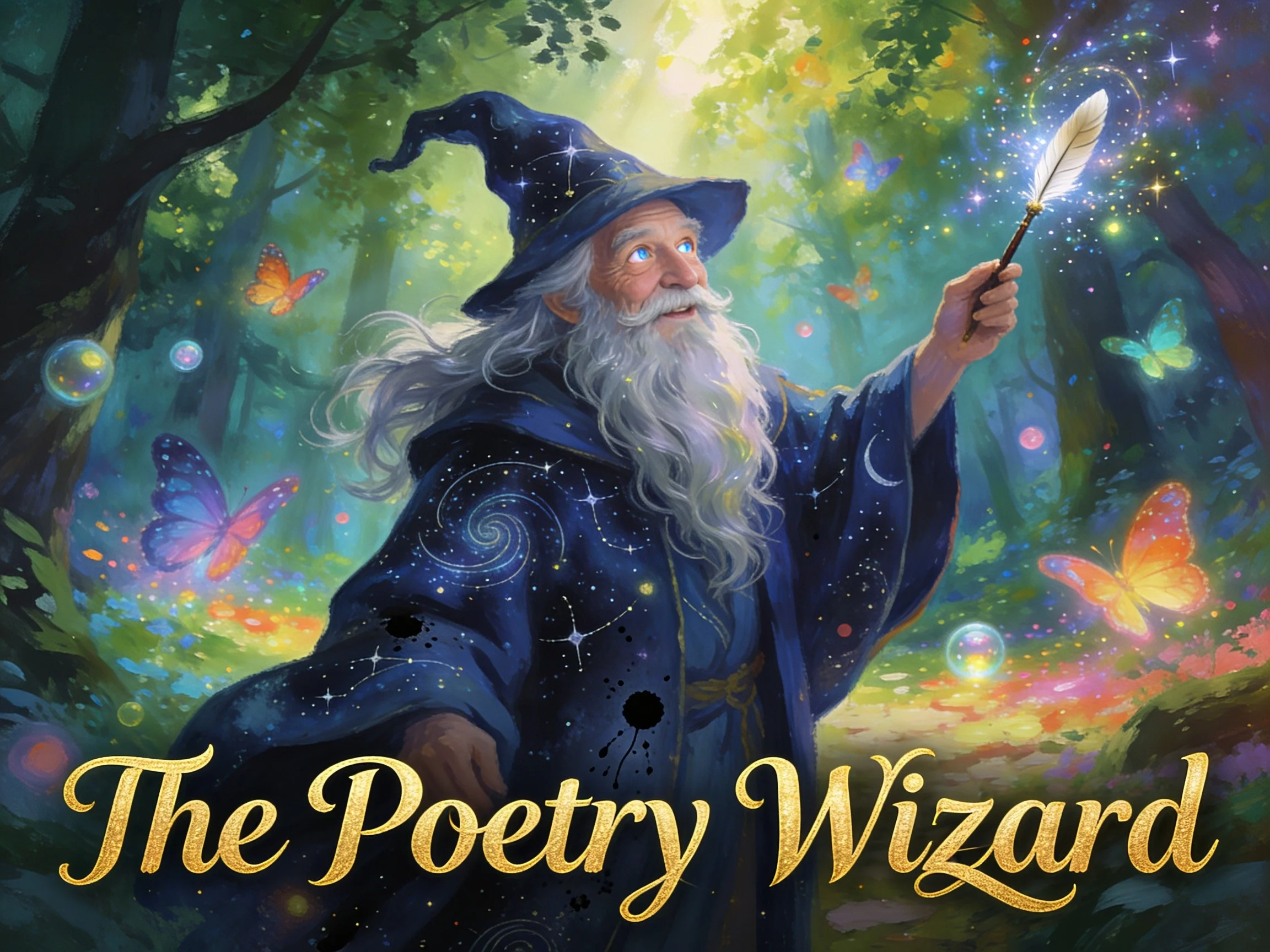 An illustration of a wizard with a long beard and glowing blue eyes, wearing a starry robe and a pointed hat, holding a wand with a glowing feather. Surrounding him are colorful butterflies, bubbles, and a vibrant forest with sunlight filtering throu