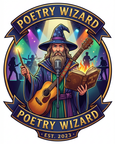 A wizard with a beard wearing a wizard hat and robes, holding a microphone, a guitar, and an open book titled 'Poetry Spells'. The background features a stage with colorful lights and silhouettes of band members playing instruments, with a banner rea
